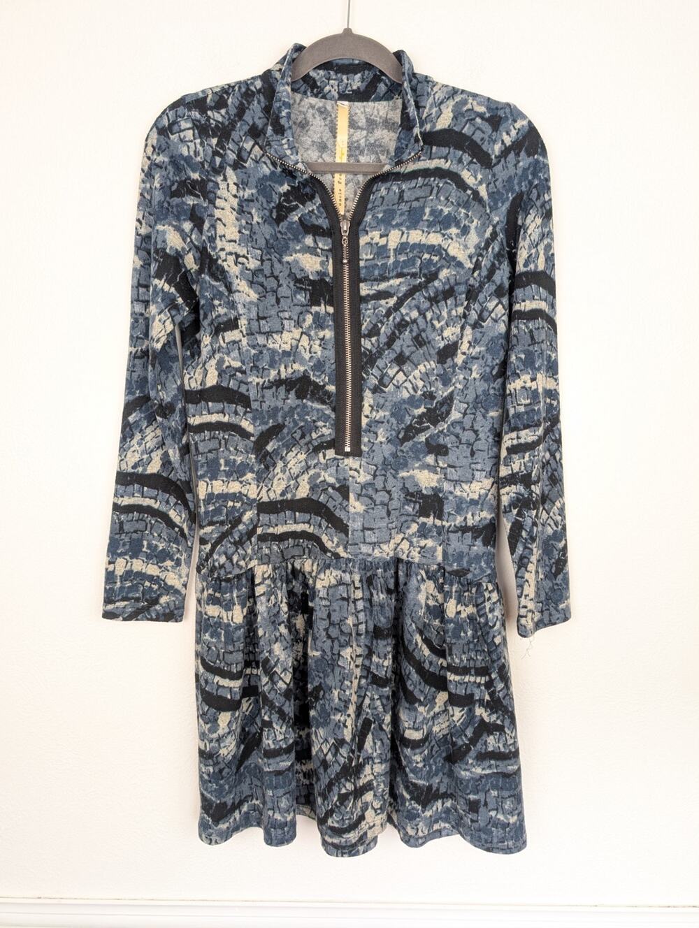 Uncle Frank Dress Abstract Knit Fit and Flare Zipper Boho Quirky Blue Size S